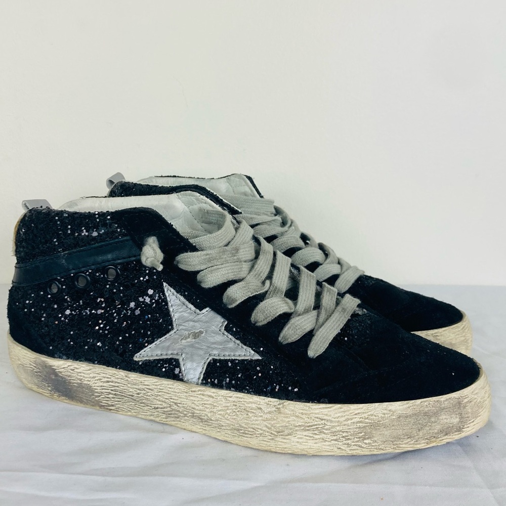 Golden Goose Black Glitter High-Top Sneakers with Silver Star